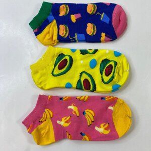 3-Pack Womens Food-Themed Ankle Socks Avocado Banana Burger Yellow Blue Pink